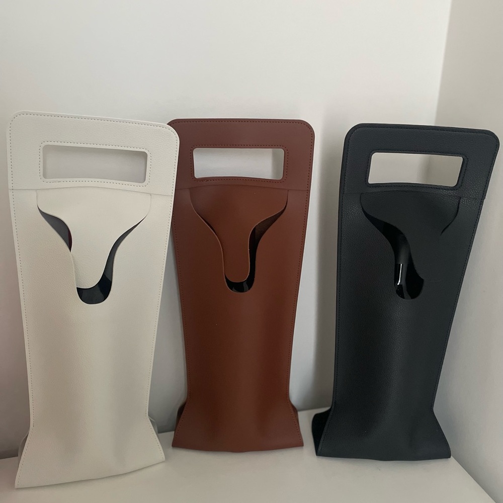 Elegant Leather Wine Carrier Set - Black, Brown, and Cream